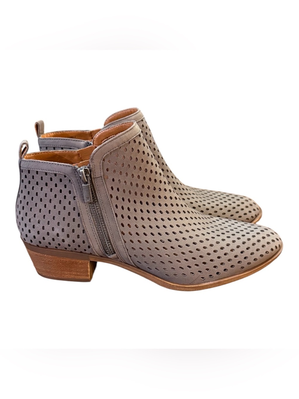 Lucky Brand Basel Perforated Leather Ankle Booties Gray/Taupe Womenβs Size 9.5 M